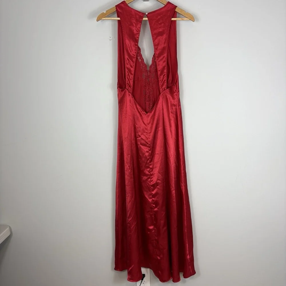 Vtg 80s Victoria's Secret Gold Label Satin Slip Dress Maxi Buttons Lace Trim Red
